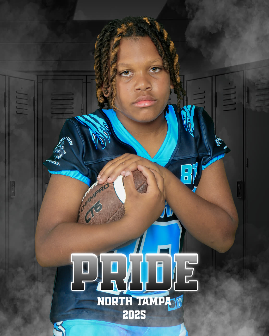 North Tampa Pride football player individual composite portrait, teal jersey