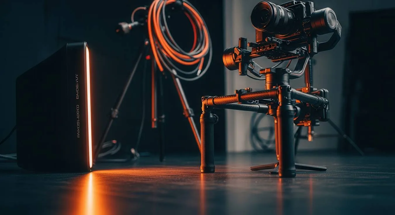 Cinematic camera rig and professional lighting setup in a dark studio illustrating efficient production workflow.