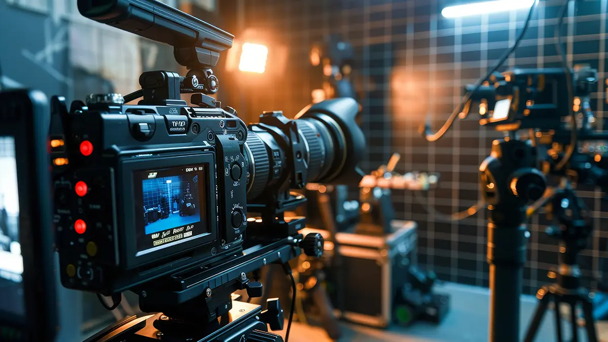 Behind the scenes of a music video production featuring studio lighting and professional camera equipment.